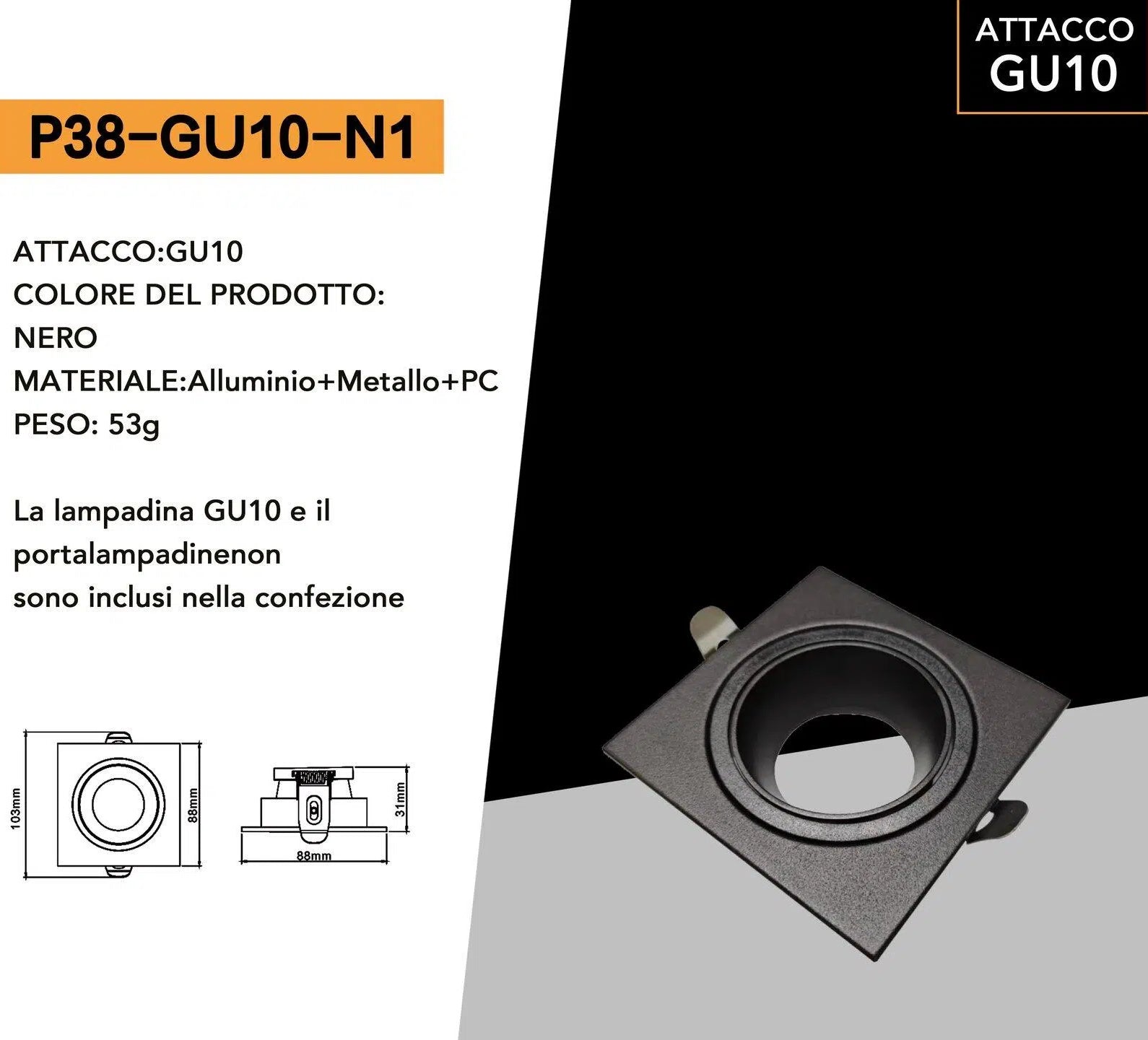 Portafaretto Quadrato Orientabile da Incasso UNIVERSO P38-GU10-N1 | Metallo Nero per GU10/GU5.3