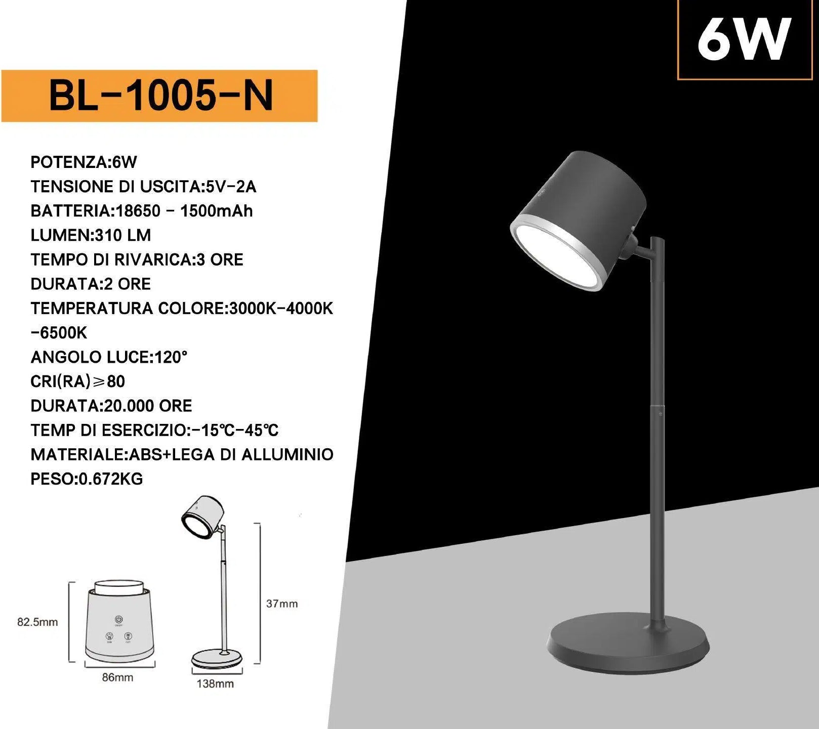 Lampada Multifunzione Ricaricabile da Tavolo BL-1005-N – 6W Dimmerabile, CCT 3in1 con Temperatura Luce Selezionabile, Colore Nero