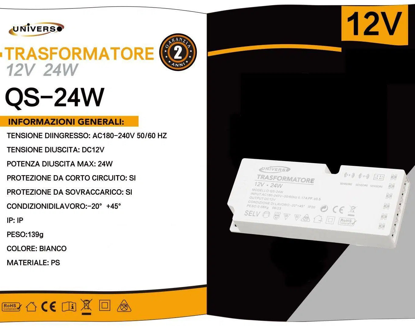 Alimentatore switching DC 12V 24W 2A con 6 uscite e 3 ingressi per sensore, ideale per strip LED e impianti di illuminazione LED per uso domestico e professionale