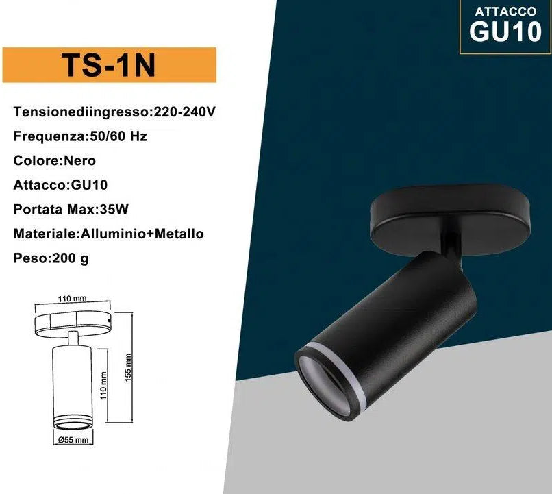 Applicata da Muro con Portalampada GU10 UNIVERSO TS-1N | Colore Nero