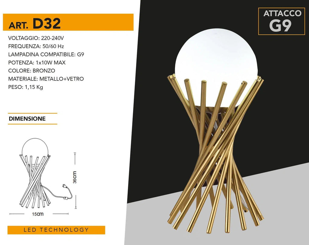 Lampada da Tavolo Tubolare in Bronzo con Sfera in Vetro – Attacco per Lampadina G9
