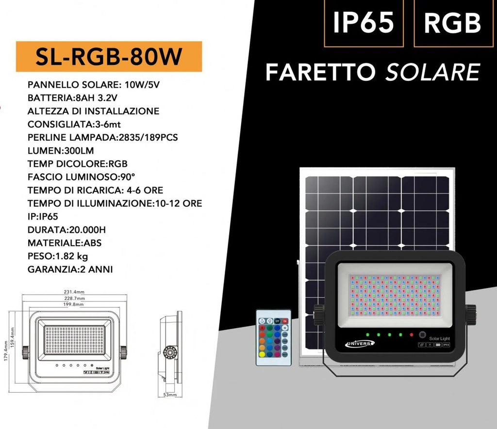 Proiettore LED RGB Multicolore UNIVERSO SL-RGB-80W | Pannello Solare e Telecomando IP65
