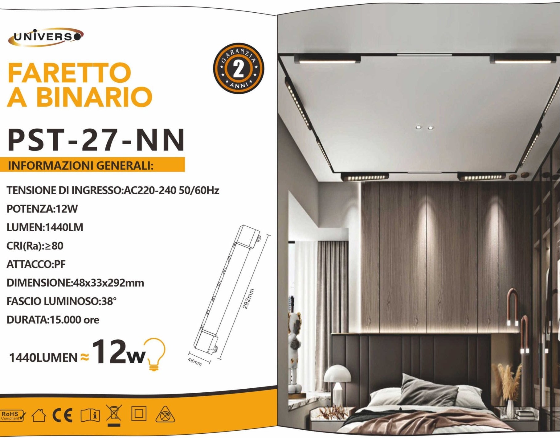 Track Light Faretto Lineare LED SMD Universo PST-27-N – 12W, 38°, per Binario Elettrificato Monofase, Colore Nero