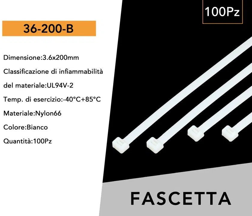 Confezione da 100 Pezzi – Fascette Serracavo Autobloccanti in Nylon Bianco 3,6 mm x 200 mm