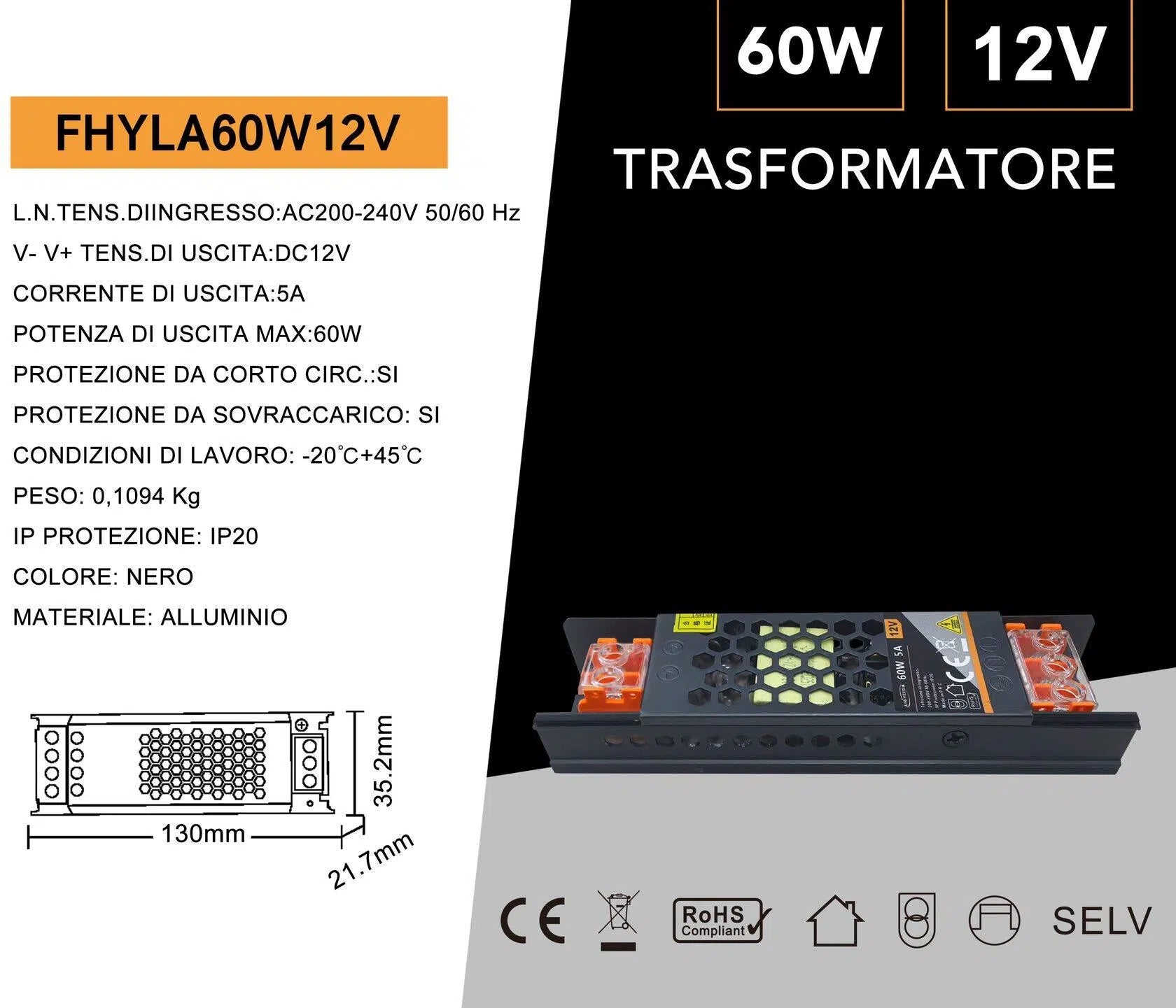 Alimentatore slim metallico stabilizzato switching trimmer 220V DC12V 5A 60 watt colore nero