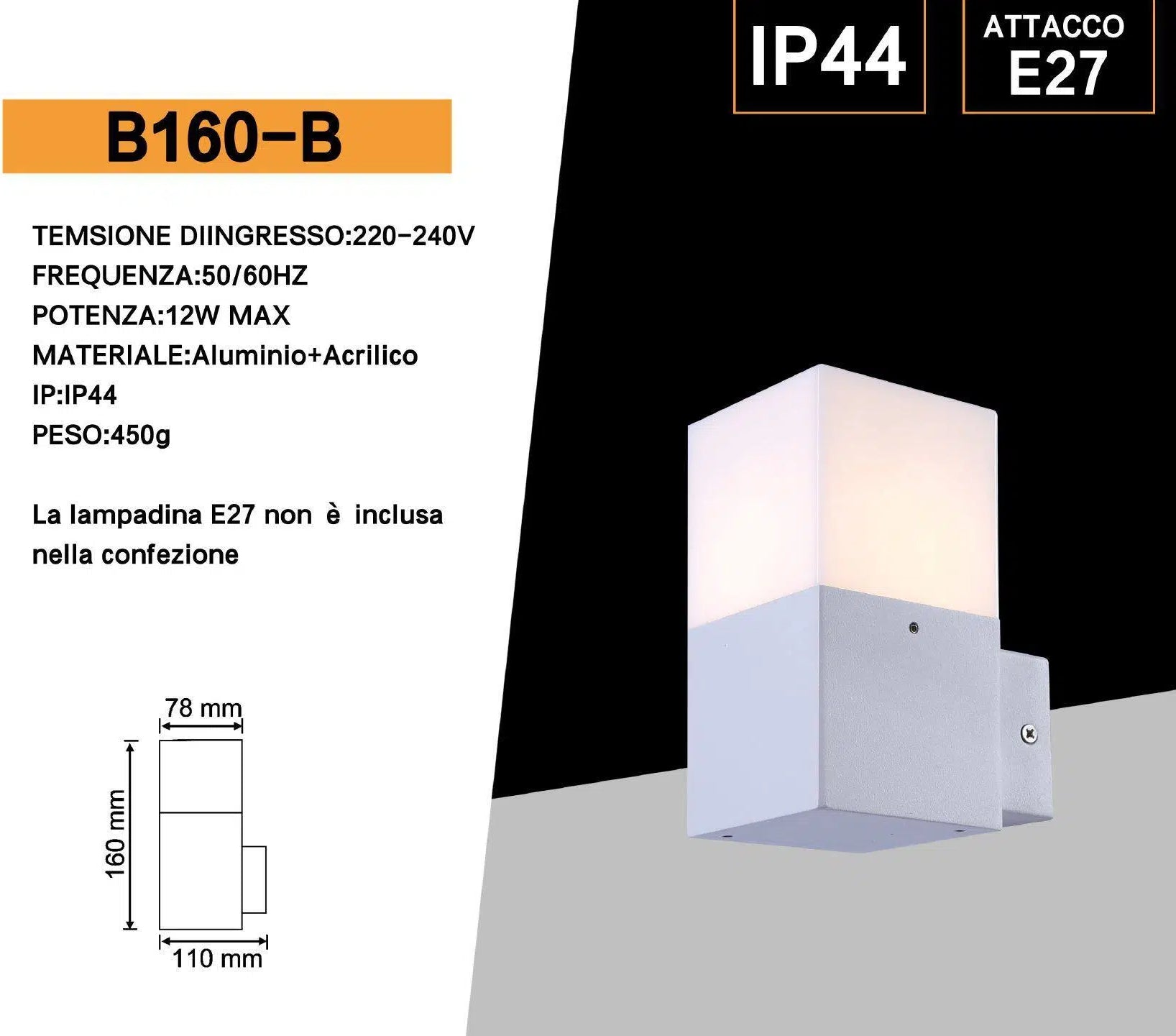 Portalampada Applique da Giardino Universo B160 – Wall Light da Muro Quadrato per Lampadine E27, Colore Bianco e Nero