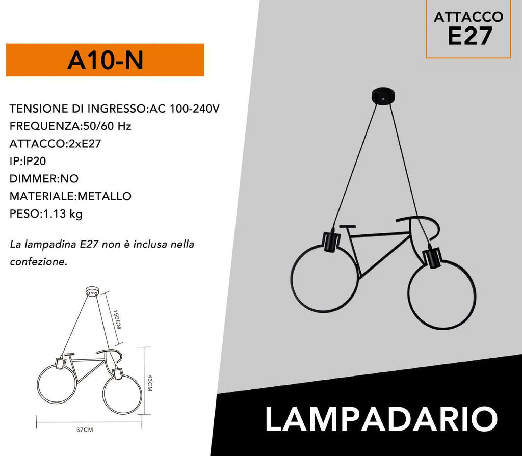 Lampadario a Sospensione a Forma di Bicicletta in Metallo Nero con Attacco per Lampadine E27