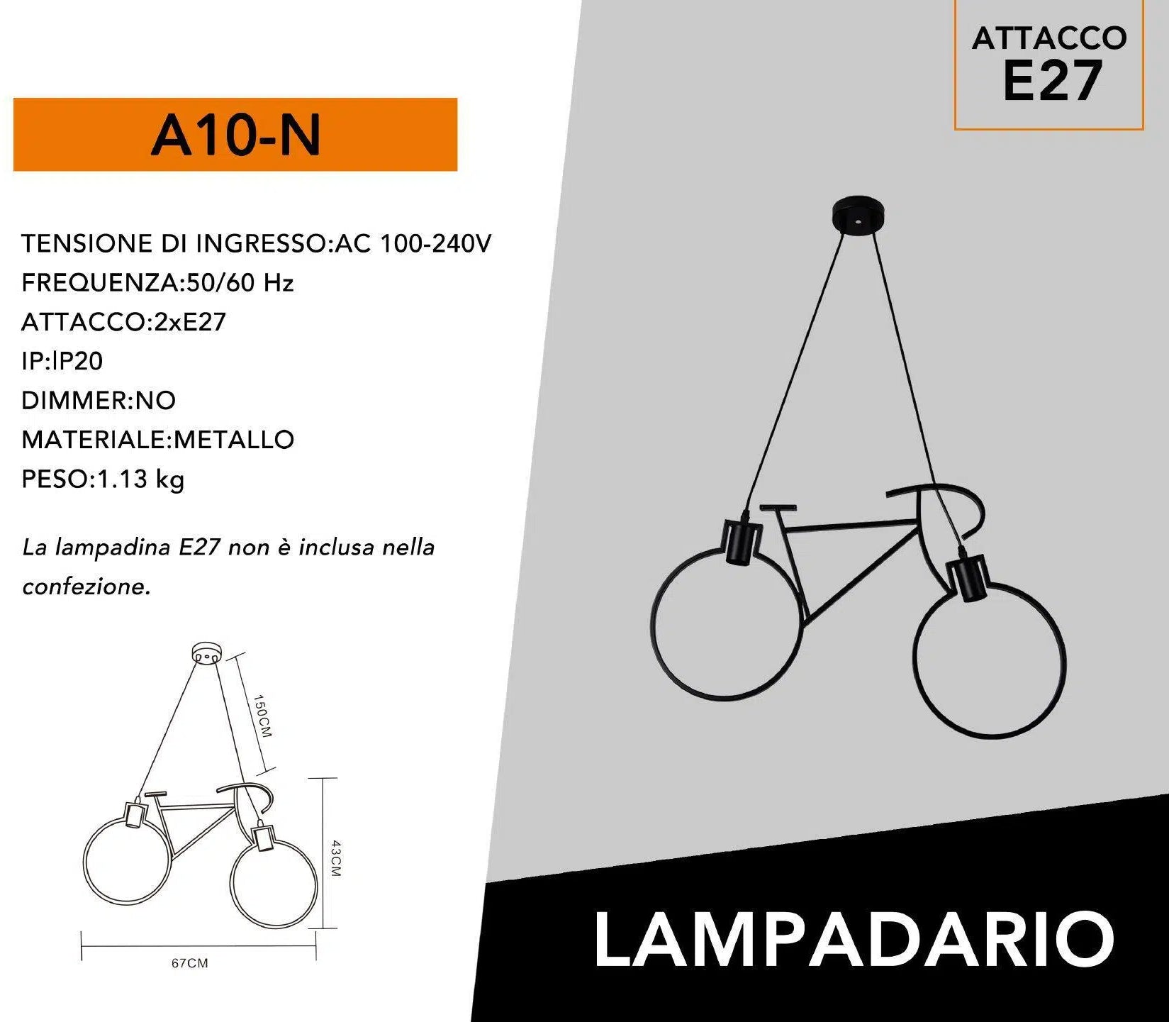 Lampadario a Sospensione a Forma di Bicicletta in Metallo Nero con Attacco per Lampadine E27