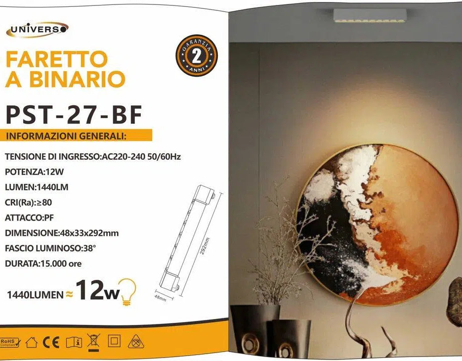 Track Light Faretto Lineare LED SMD Universo PST-27-B – 12W, 38°, per Binario Elettrificato Monofase, Colore Bianco