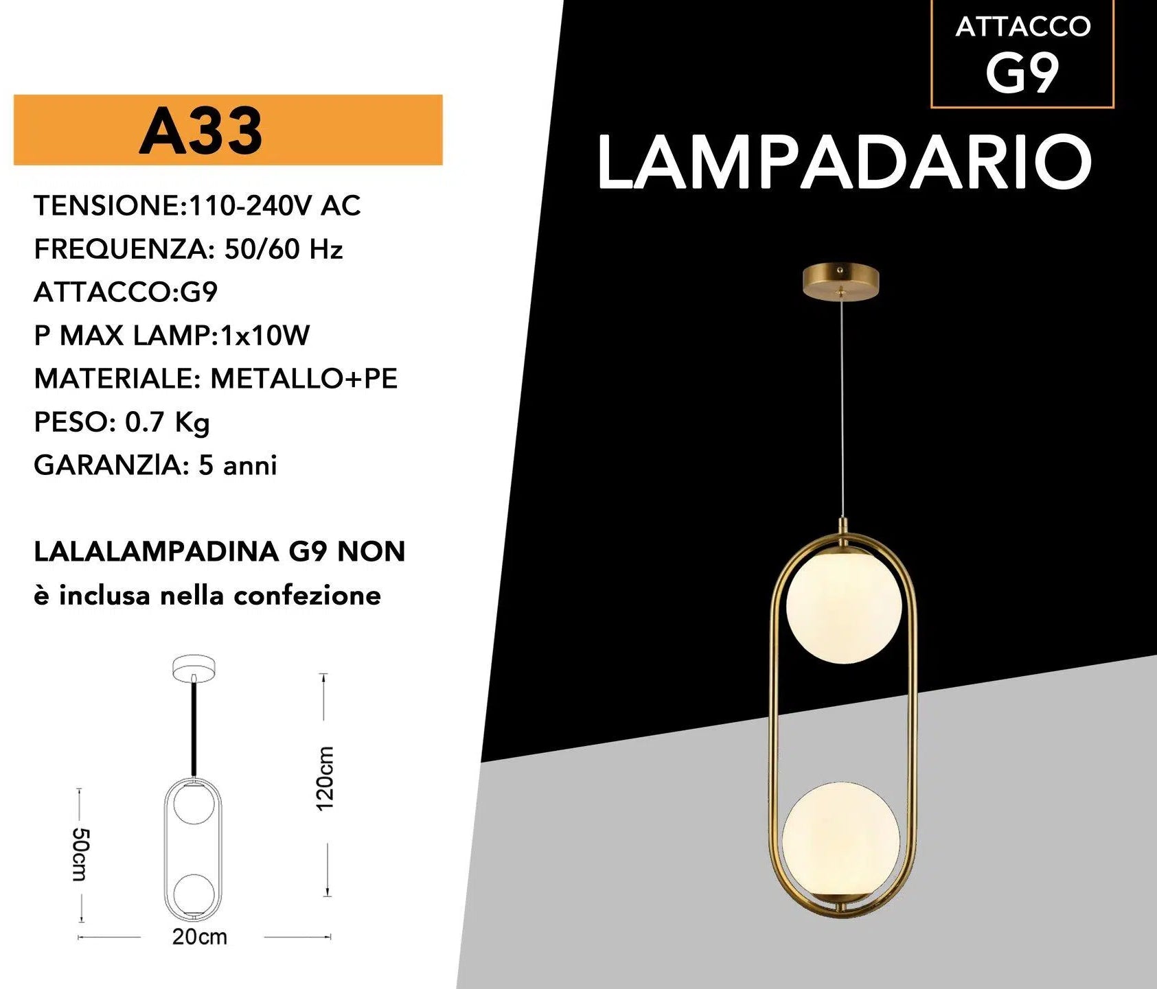 Lampadario a Sospensione Minimal Universo A33 – Forma Ovale con 2 Attacchi G9, Potenza 20W, Colore Oro, 2 Sfere Opache