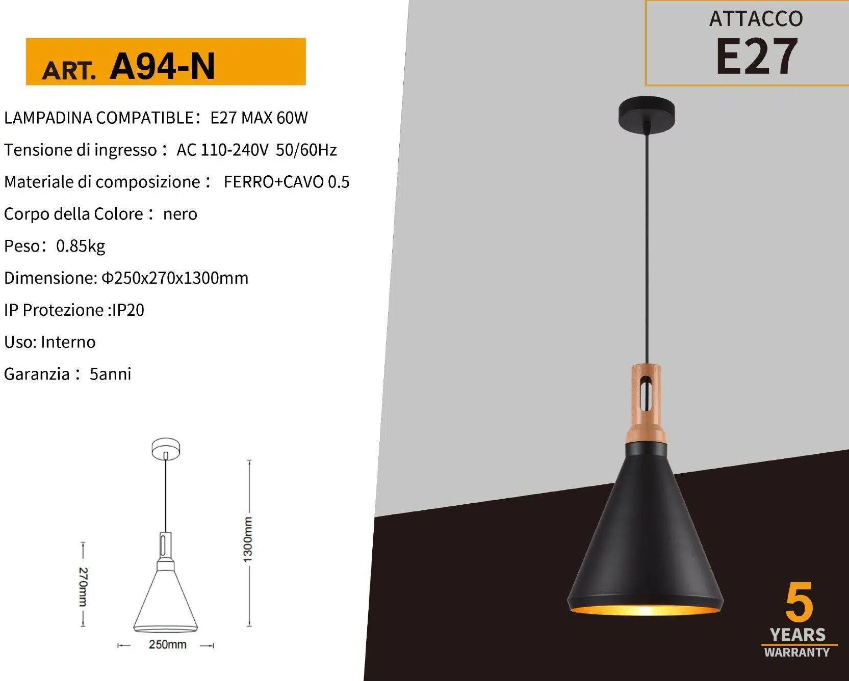 Lampadario in Metallo a Campana Universo A94 – Portalampada per Lampadine E27, Colore Bianco e Nero
