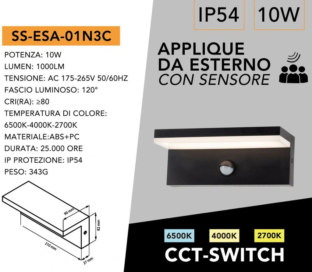 Applique LED da Muro Nera 10W SMD con Sensore PIR di Movimento – CCT 3in1, IP54 per Esterno