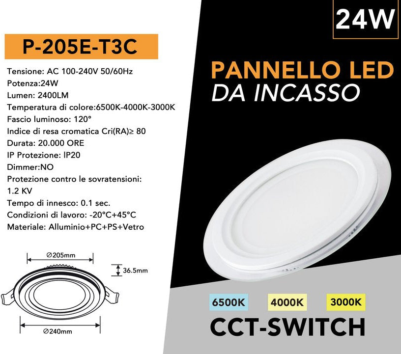 Pannello LED Slim Rotondo in Vetro 24W 2400 Lumen | CCT Regolabile 3000K-4000K-6500K