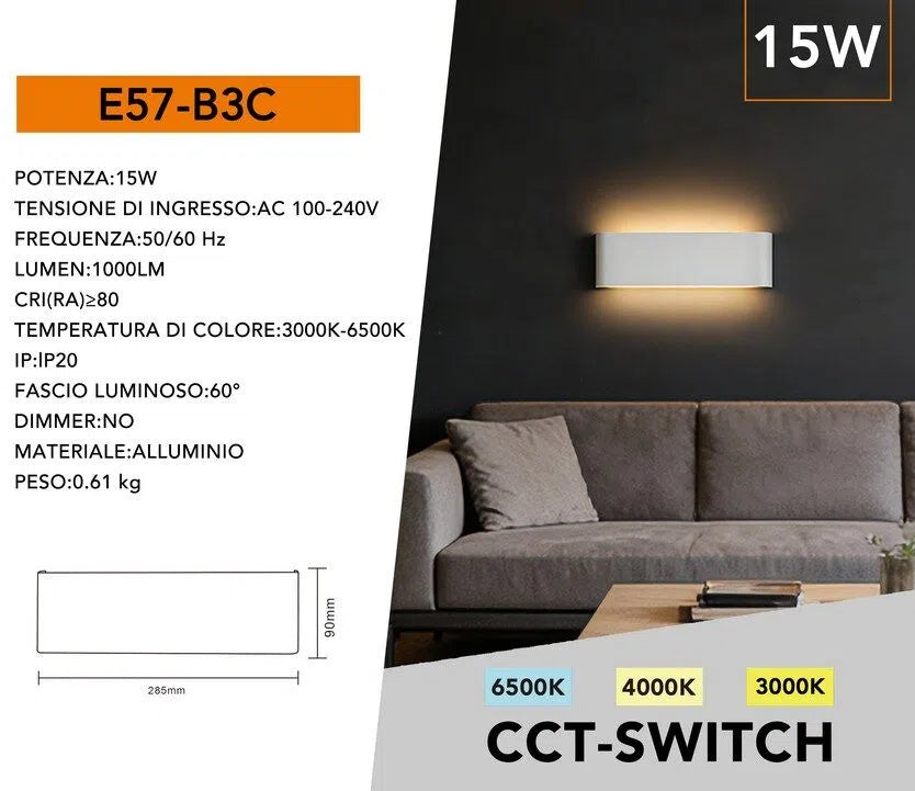 Lampada Applique SMD LED Bianca da Muro Universo E57-B3C – 15W, IP20, Doppio LED con CCT Switch per Cambio Colore Luce