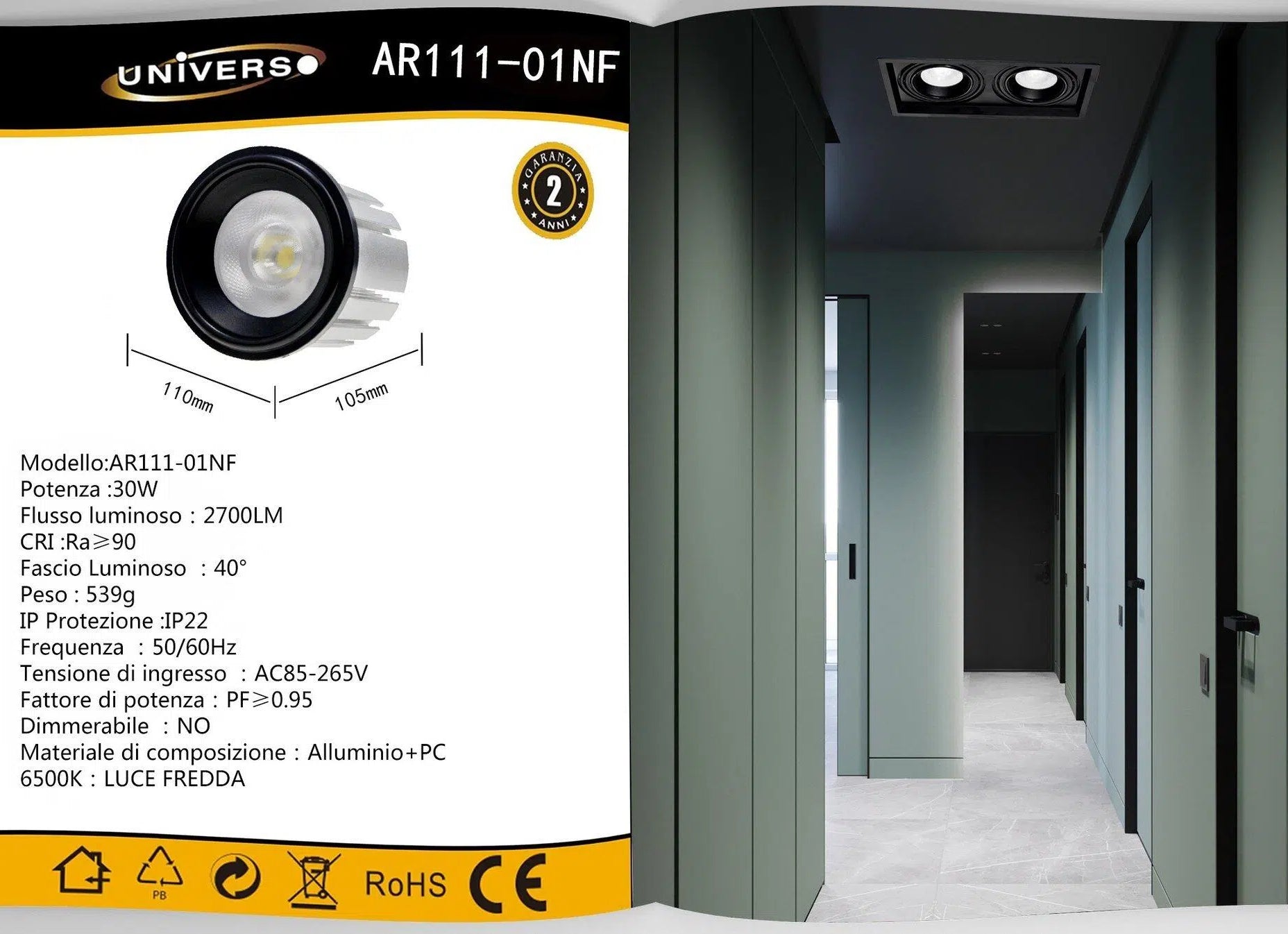 Lampadina Faretto LED Incasso AR111 30W – 40°, 2700 Lumen, Colore Nero