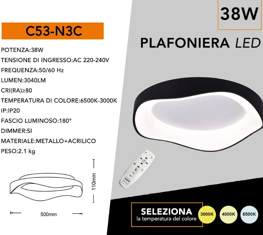 Plafoniera LED Design Onda Nera 38W | CCT 3in1 3000K-4000K-6500K