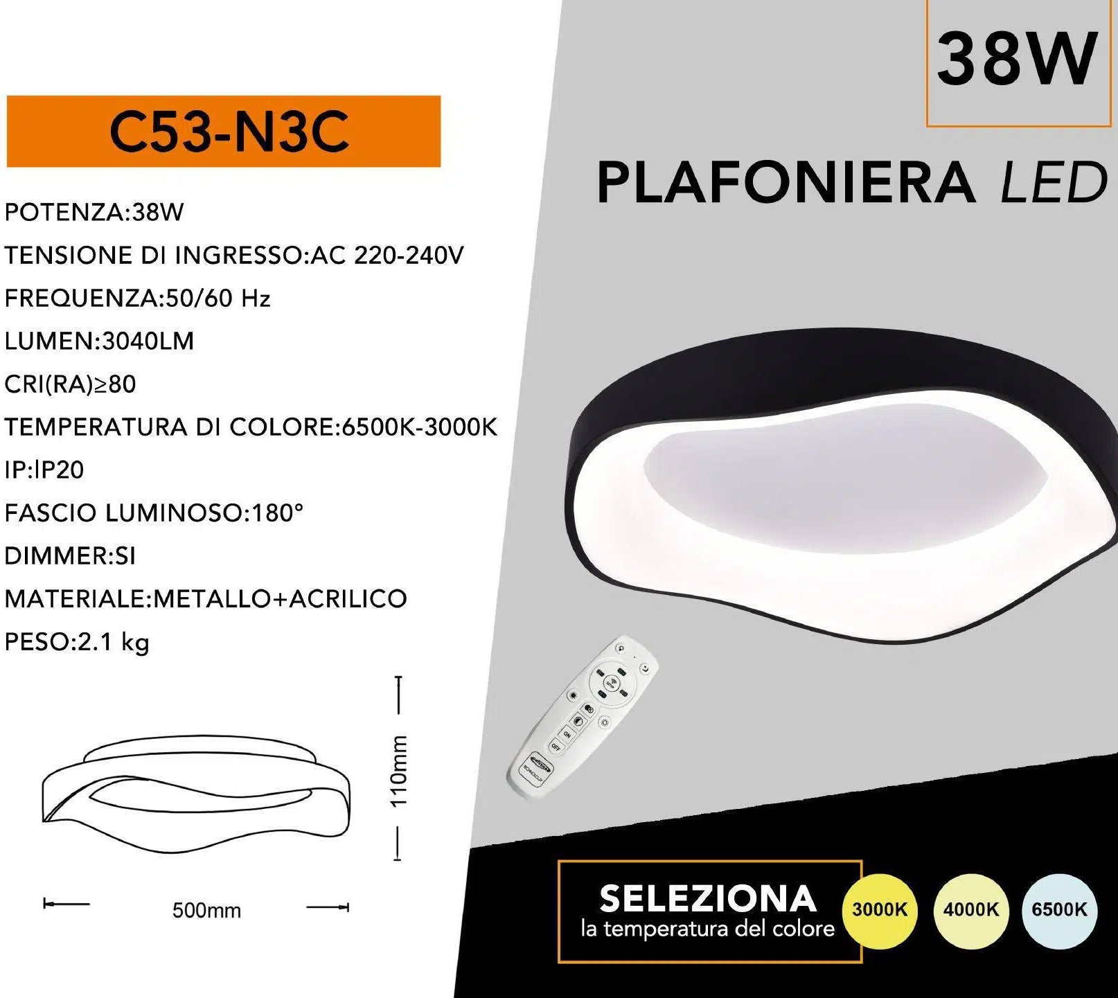 Plafoniera LED Design Onda Nera 38W | CCT 3in1 3000K-4000K-6500K