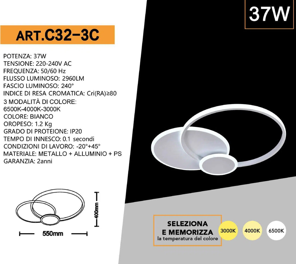 Plafoniera LED SMD Design Circolare UNIVERSO C32-3C 37W | CCT 3in1 Selezionabile