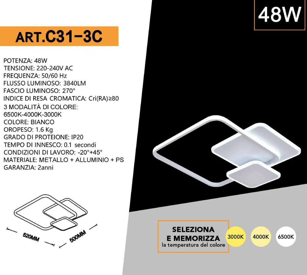 Plafoniera LED SMD Design Rettangolare UNIVERSO C31-3C 48W | CCT 3in1 Selezionabile