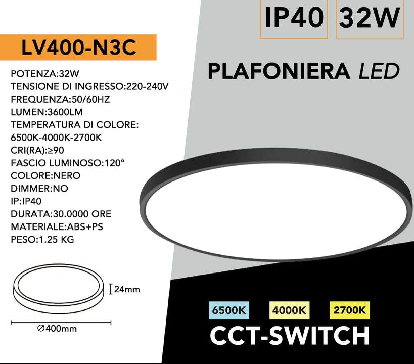 Plafoniera Ultra Slim Rotonda Nera UNIVERSO LV-400-N3C 32W Ø40cm | CCT 3in1 IP40