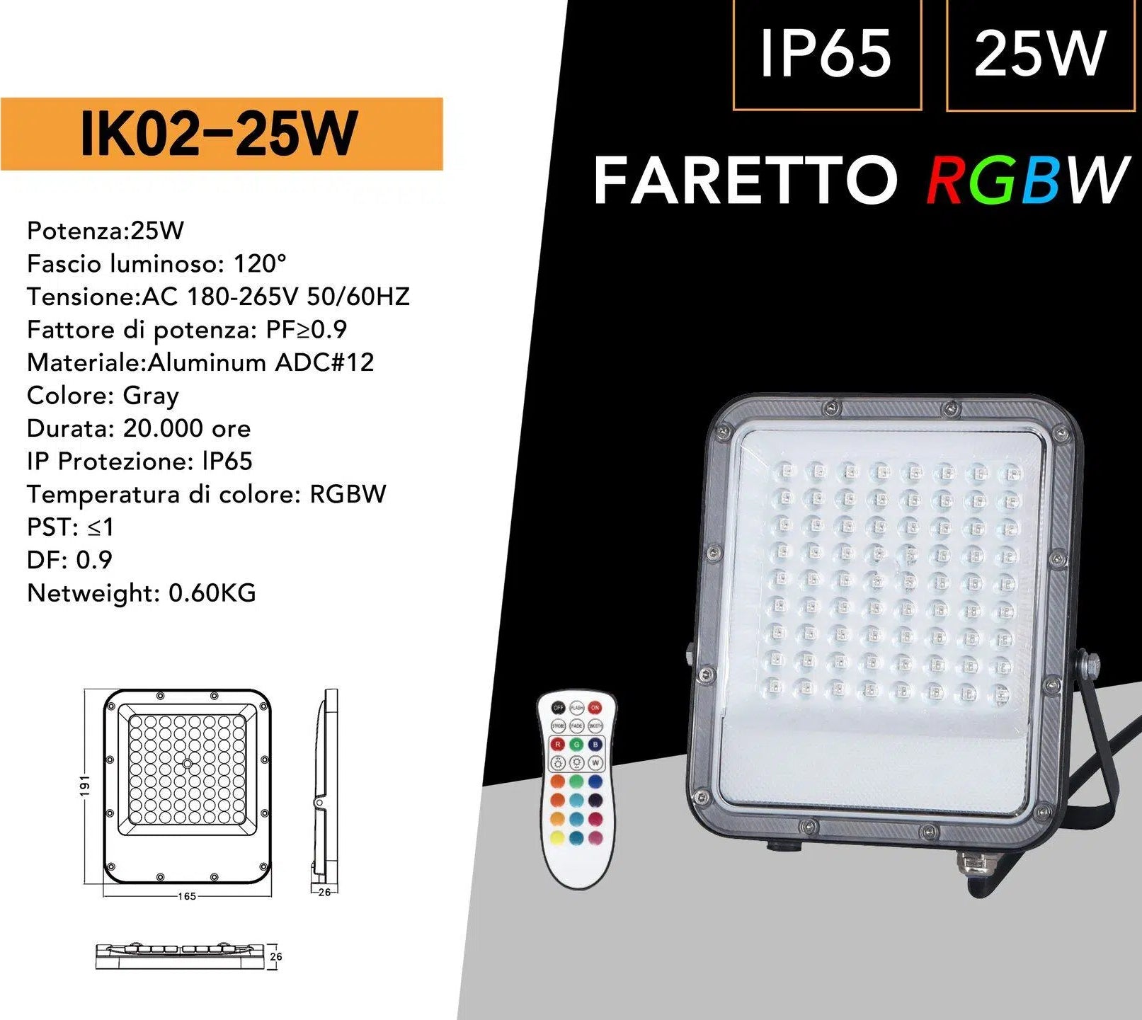 Proiettore LED SMD RGB+White 25W UNIVERSO IK02-25W | Esterno con Telecomando