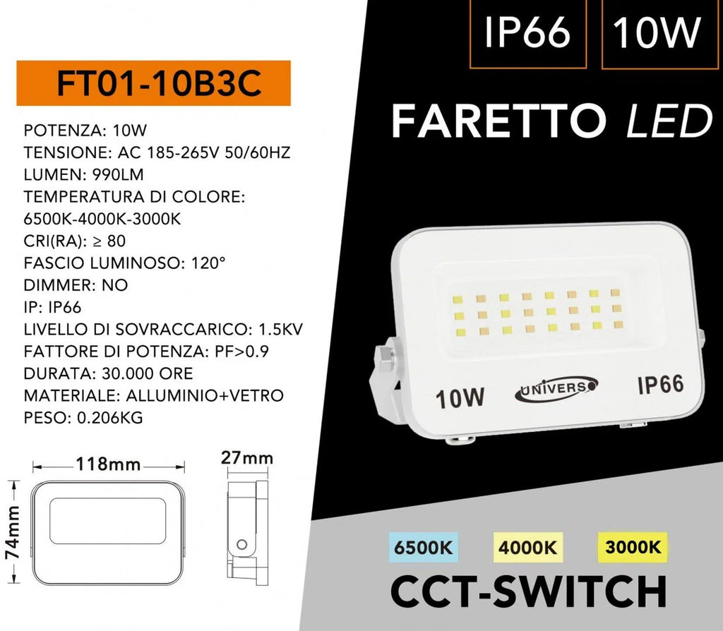 Proiettore LED Ultra Slim SMD UNIVERSO FT01-10B3C 10W | CCT Selezionabile IP66