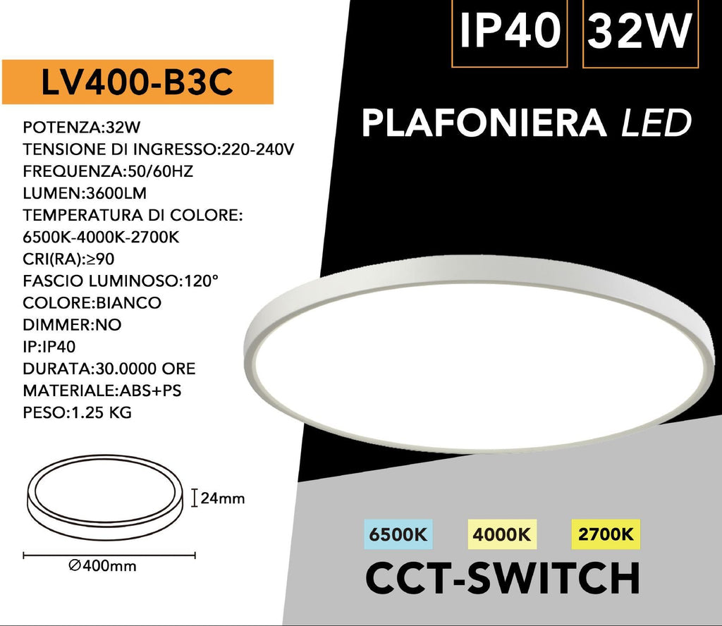 Plafoniera Ultra Slim Rotonda Bianca UNIVERSO LV-400-B3C 32W Ø40cm | CCT 3in1 IP40
