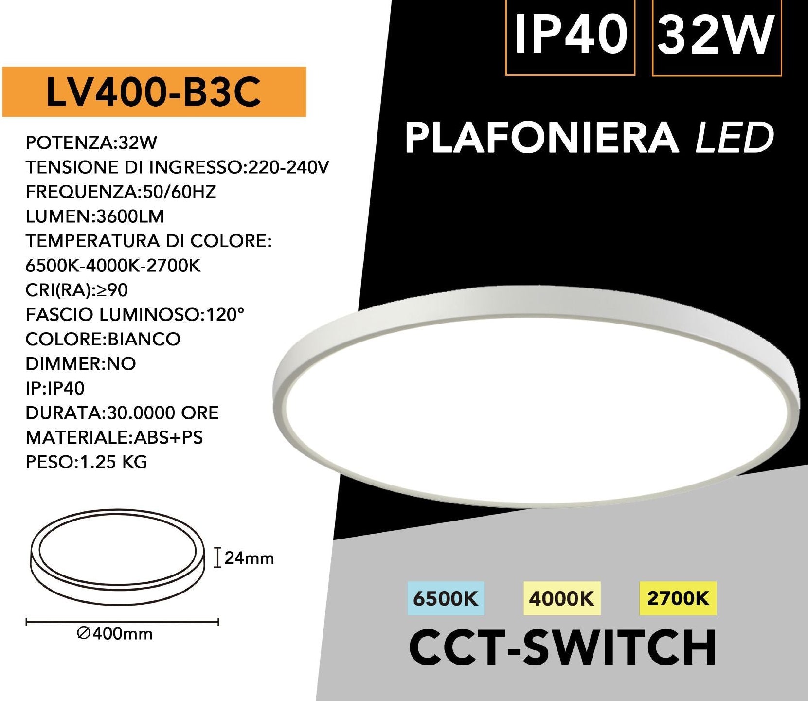 Plafoniera Ultra Slim Rotonda Bianca UNIVERSO LV-400-B3C 32W Ø40cm | CCT 3in1 IP40