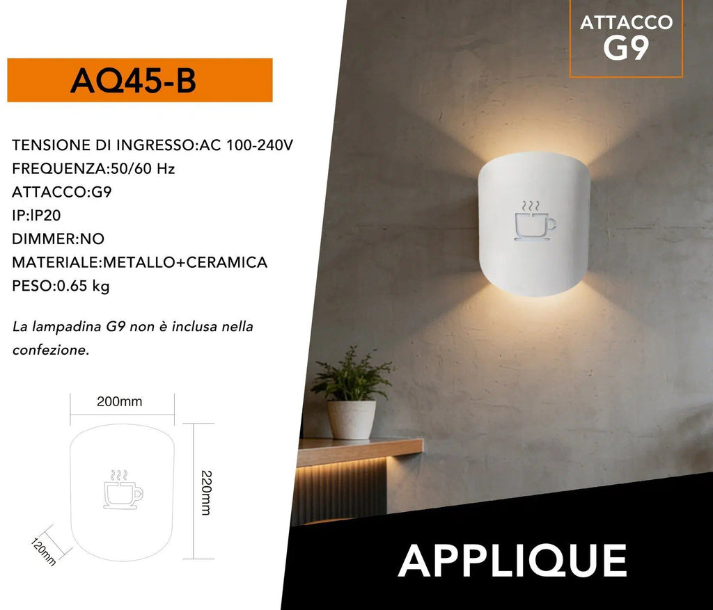 Applique Portalampada a Parete con Attacco G9 – Raffigurazione Tazza del Caffè, Ideale per Casa, Caffetteria e Bar