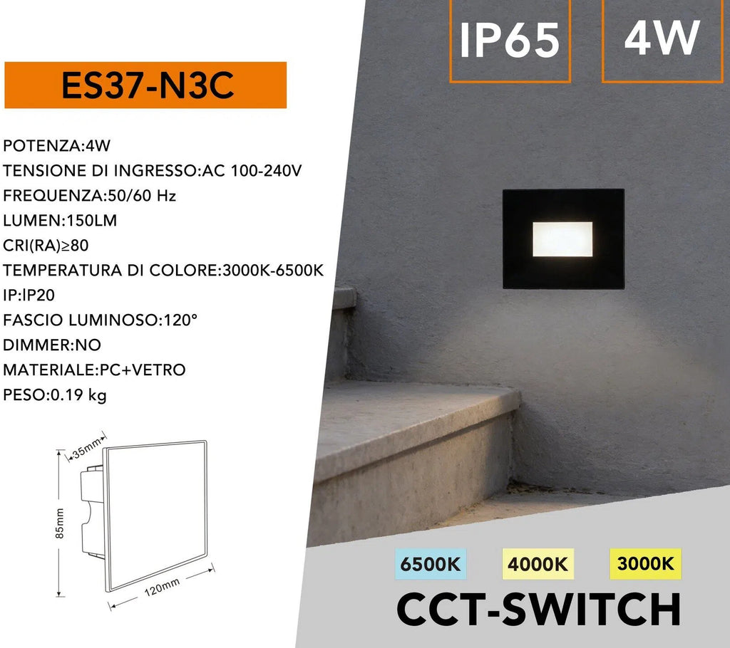 Segnapasso LED Rettangolare in Vetro UNIVERSO ES37-N3C 4W | CCT Switch IP65