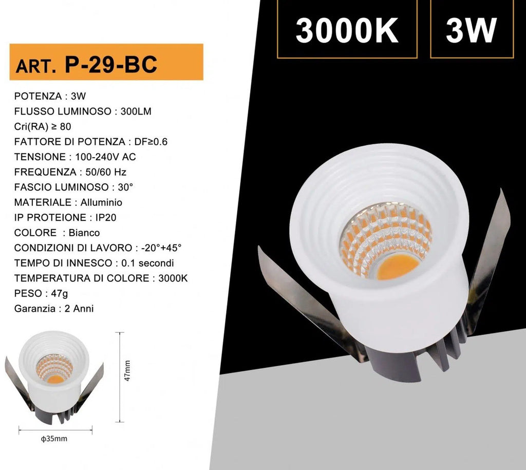 Faretto LED Rotondo da Incasso Bianco 3W | CCT Selezionabile 3000K-4000K-6500K IP20