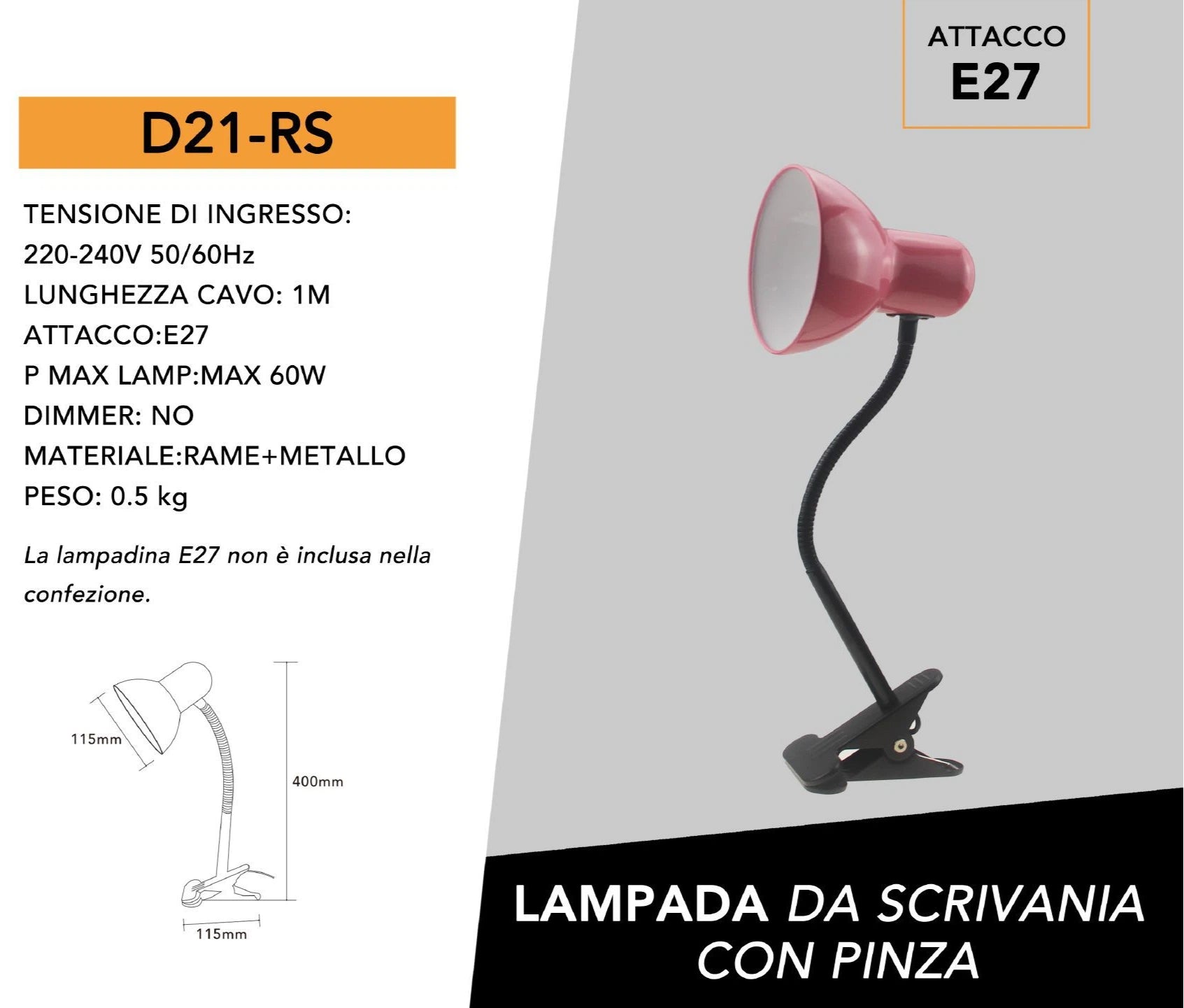 Lampada da Tavolo con Clip di Fissaggio e Braccio Flessibile – Attacco E27, Colori Assortiti