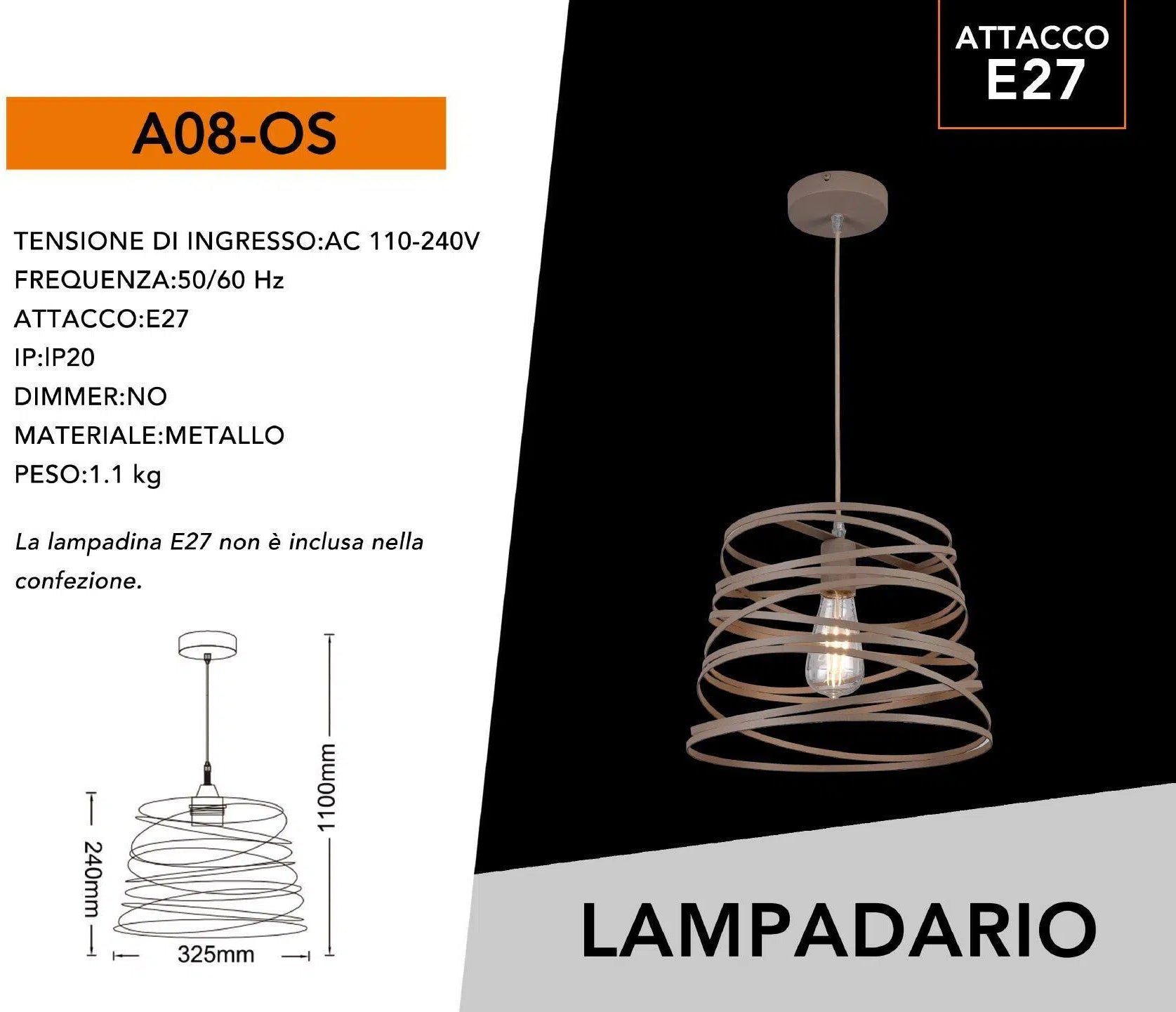 Lampadario Moderno a Sospensione – Paralume in Metallo Traforato a Vortice, Attacco E27, Colore Bianco, Nero o Tortora