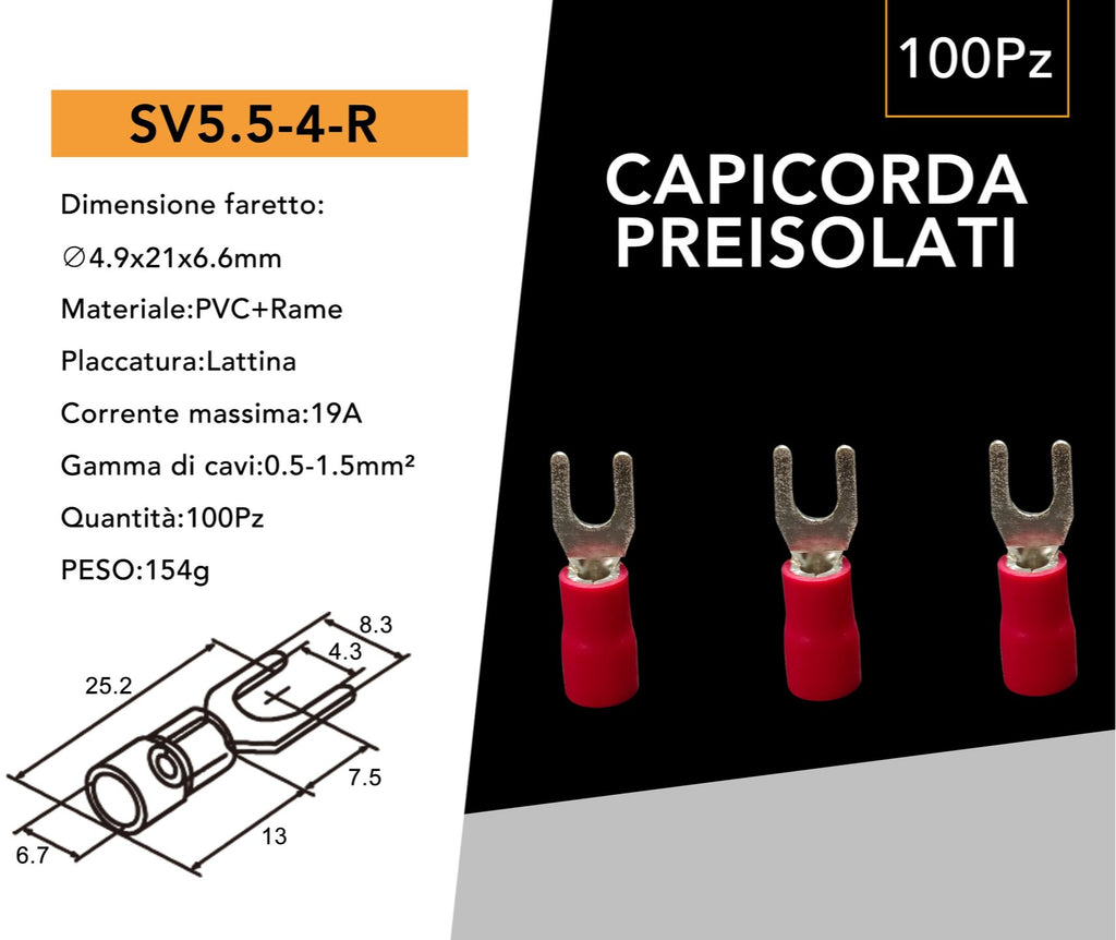 Capicorda a Forcella per Cavi 4-6 mm² | Isolato M4 | Confezione 100 Pezzi