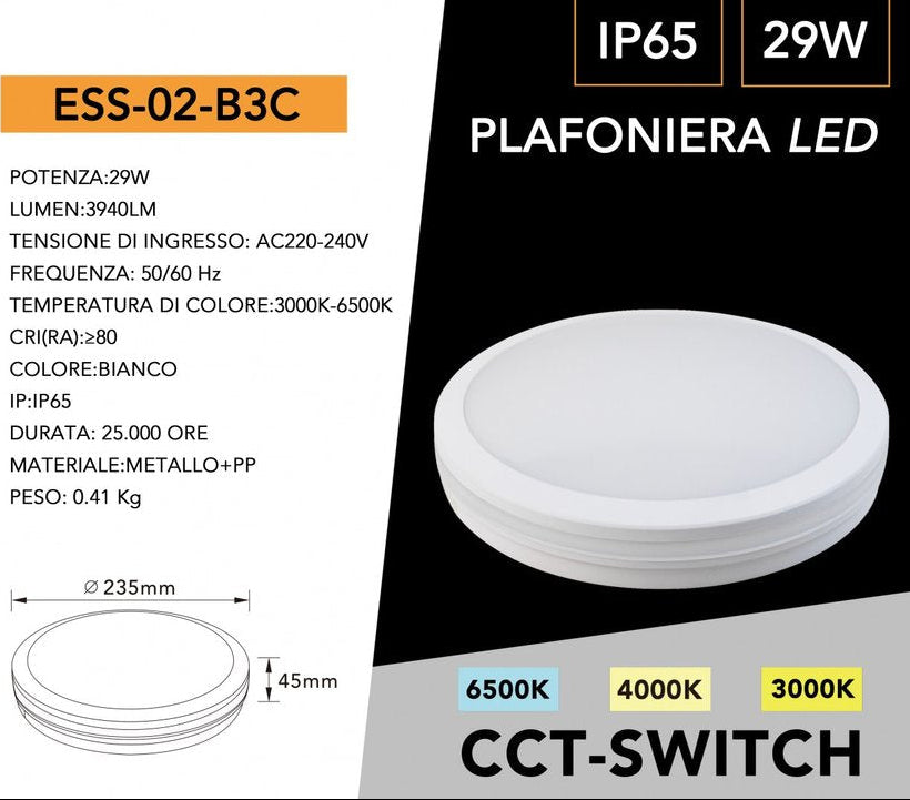 Plafoniera Circolare SMD LED Esterno UNIVERSO ESS-02-B3C 29W | Switch CCT 3000K-4000K-6500K IP65