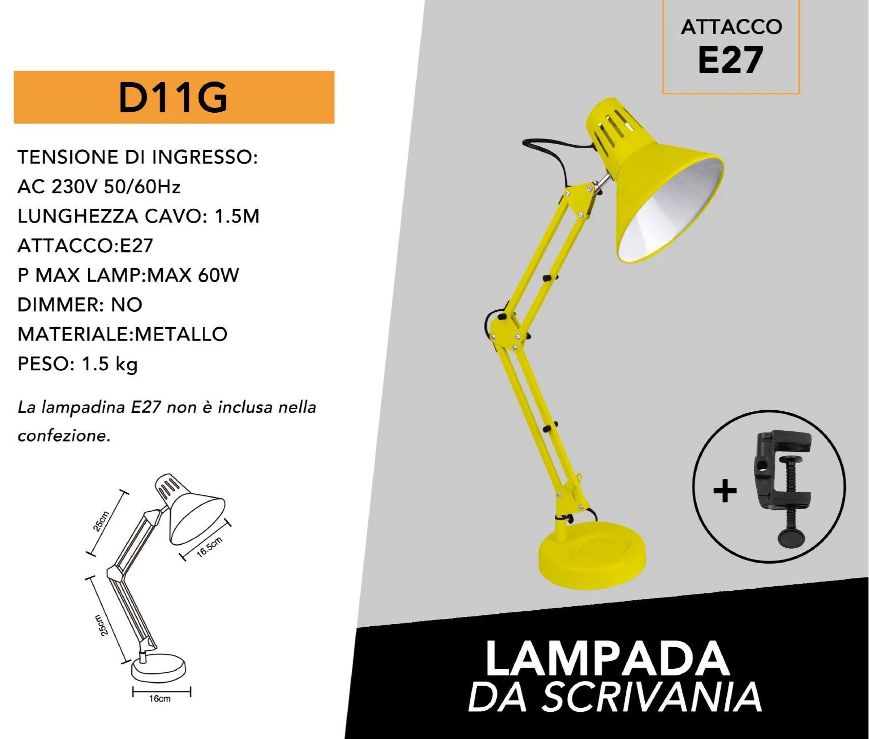 LAMPADA DA SCRIVANIA IN METALLO CON BRACCIO SNODABILE ED ORIENTABILE ATTACCO E27 COLORI ASSORTITI