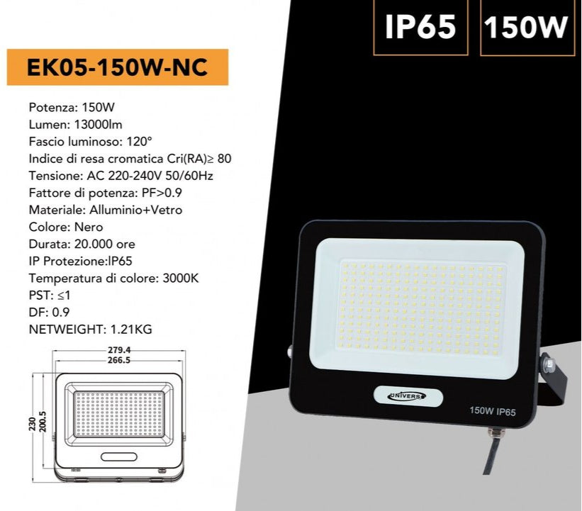 Proiettore SMD LED Slim UNIVERSO EK05-150W-N 150W | CCT Selezionabile 3000K-4000K-6500K IP65 Nero