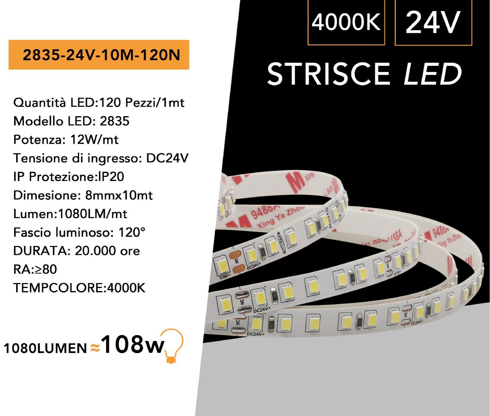 Striscia LED Monocolore UNIVERSO 2835-24V-10M-120 | DC24V SMD 2835 120 LED/m 10m Taglio 5cm IP20