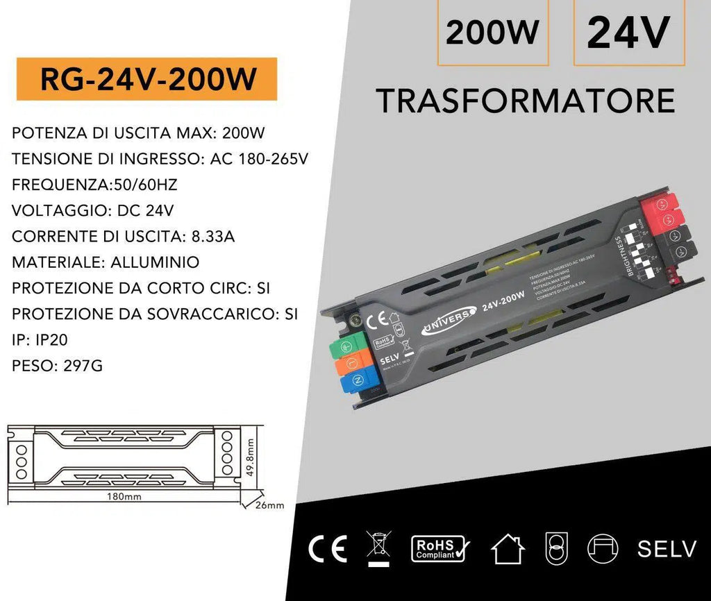 UNIVERSO RG-24V-200W Alimentatore switching dimmer con regolazione luminosità DC 24V 8.33A 200W IP20