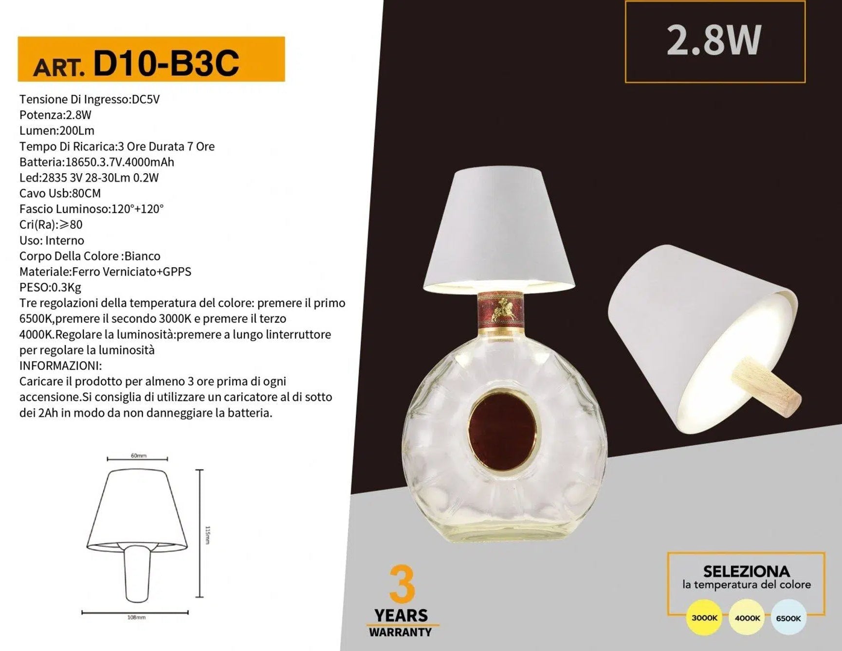 Lampada LED Ricaricabile da Tavolo per Bottiglie Universo D10-B3C – Colore Luce Selezionabile CCT 3in1 (3000K/4000K/6500K), Finitura Bianca
