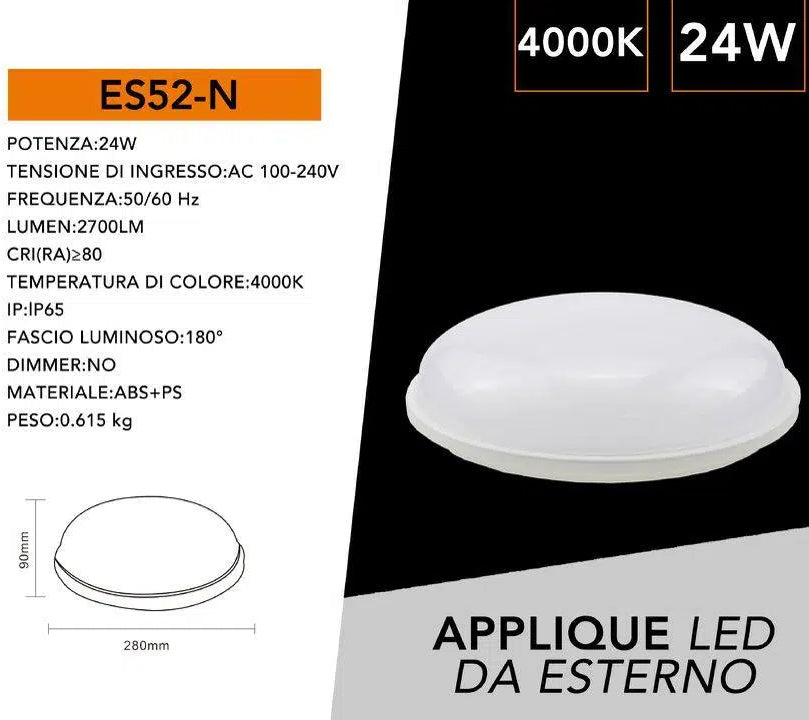 Plafoniera LED Circolare Esterno IP65 24W 2700 Lumen | Colore Bianco