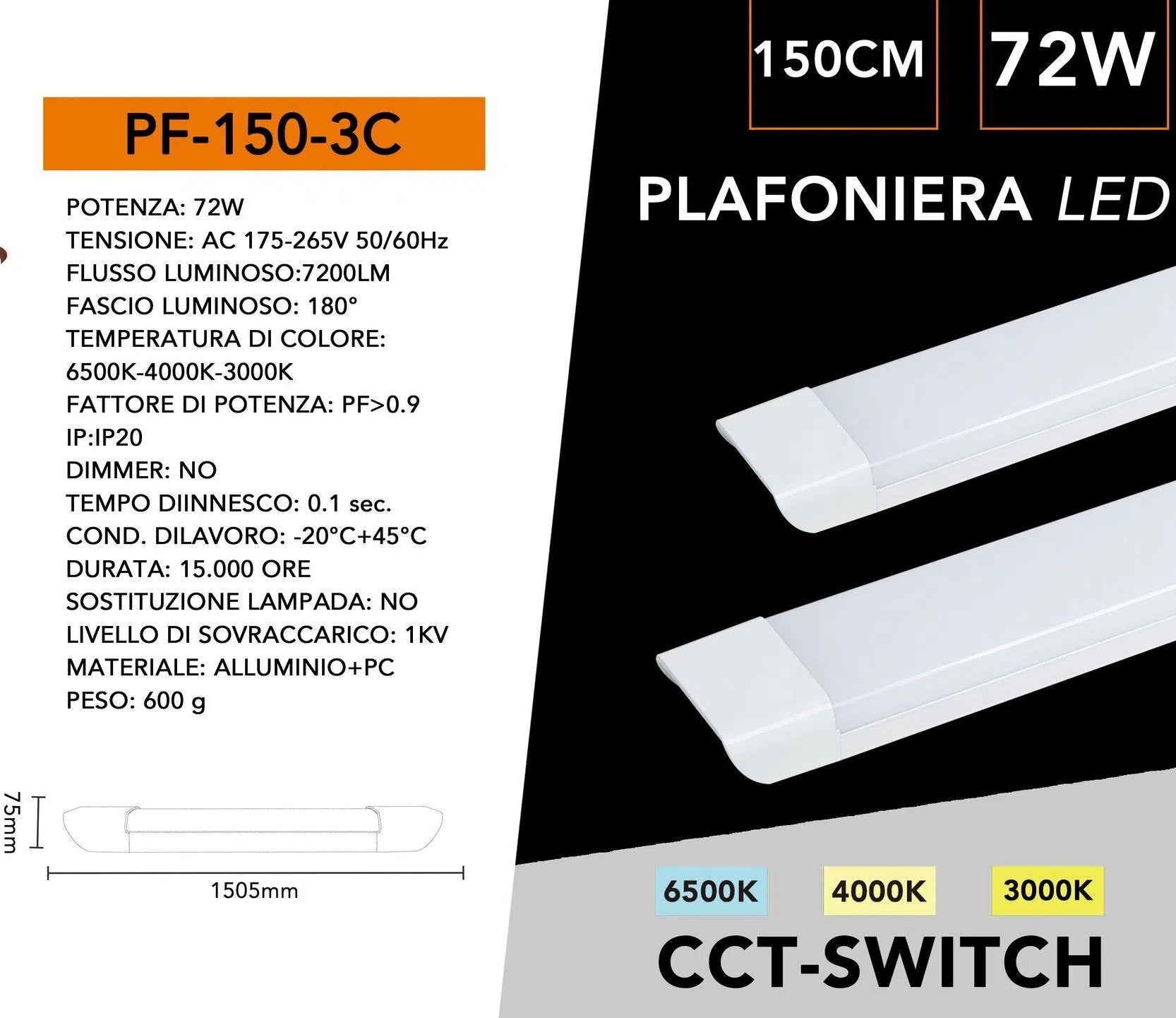 Plafoniera Lineare LED Alta Luminosità UNIVERSO 72W 150cm | CCT Switch 3000K-4000K-6500K IP20