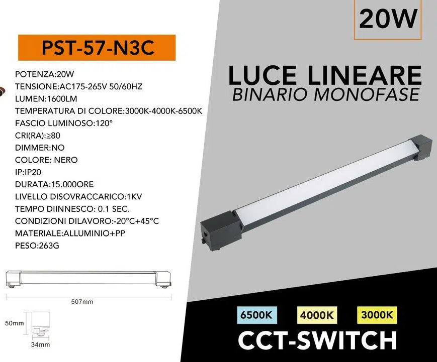 Track Light Faretto Lineare LED per Binario Elettrificato Monofase Universo PST-57-N3C – 20W, CCT 3in1 (3000K/4000K/6500K)