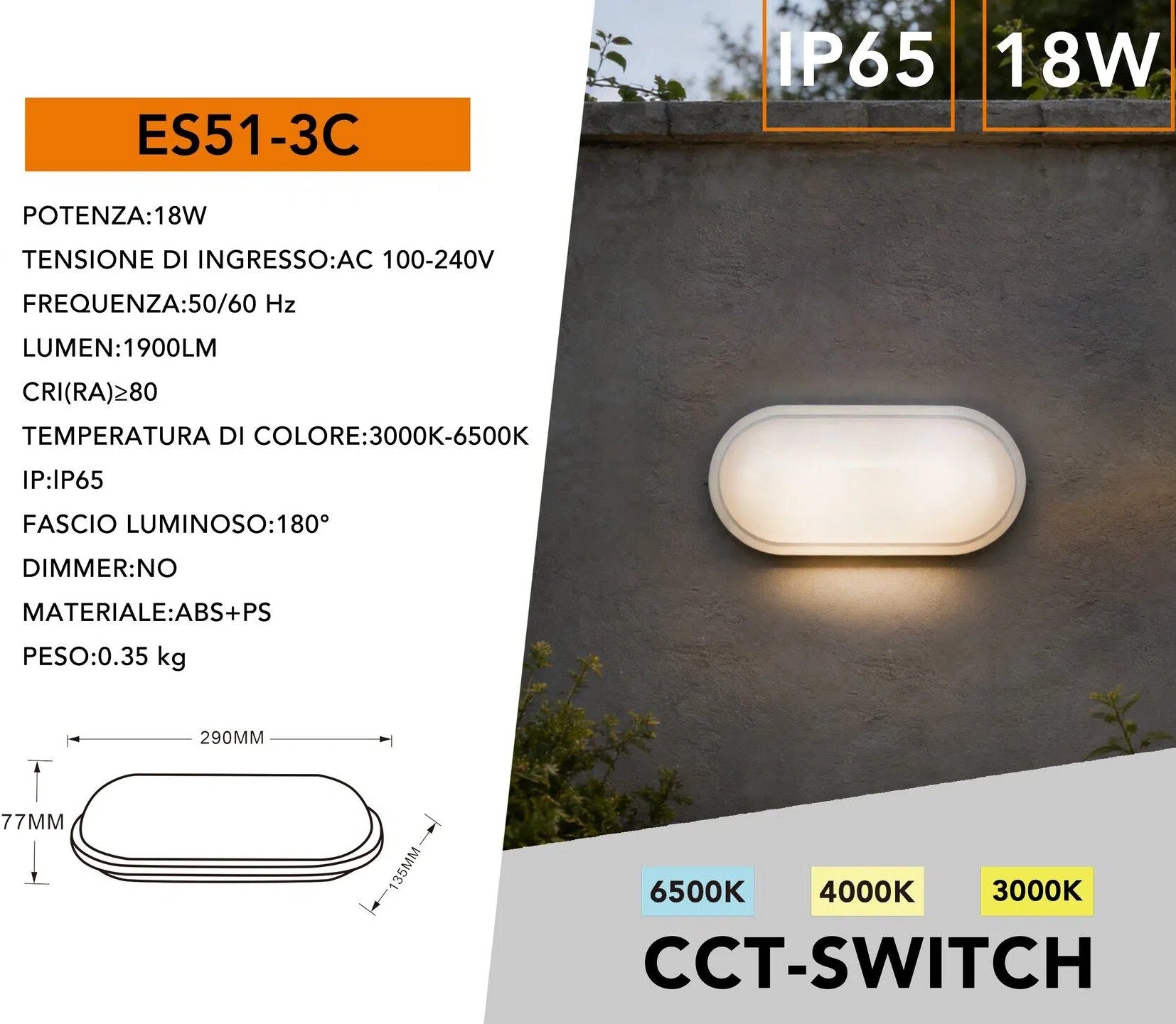Plafoniera LED Ovale Esterno IP65 18W 1900 Lumen | Colore Bianco