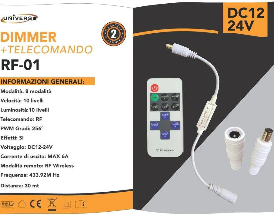 Telecomando RF Wireless Dimmer per Strip LED Monocolore DC 5-24V