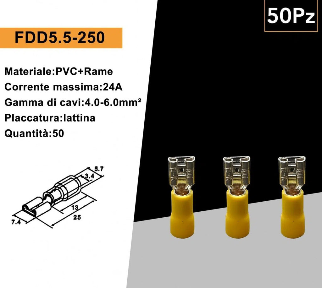 Confezione da 50 Pezzi – Terminale Capicorda Femmina FDD5.5-250 per Cavi da 4 mm² a 6 mm² – Giallo