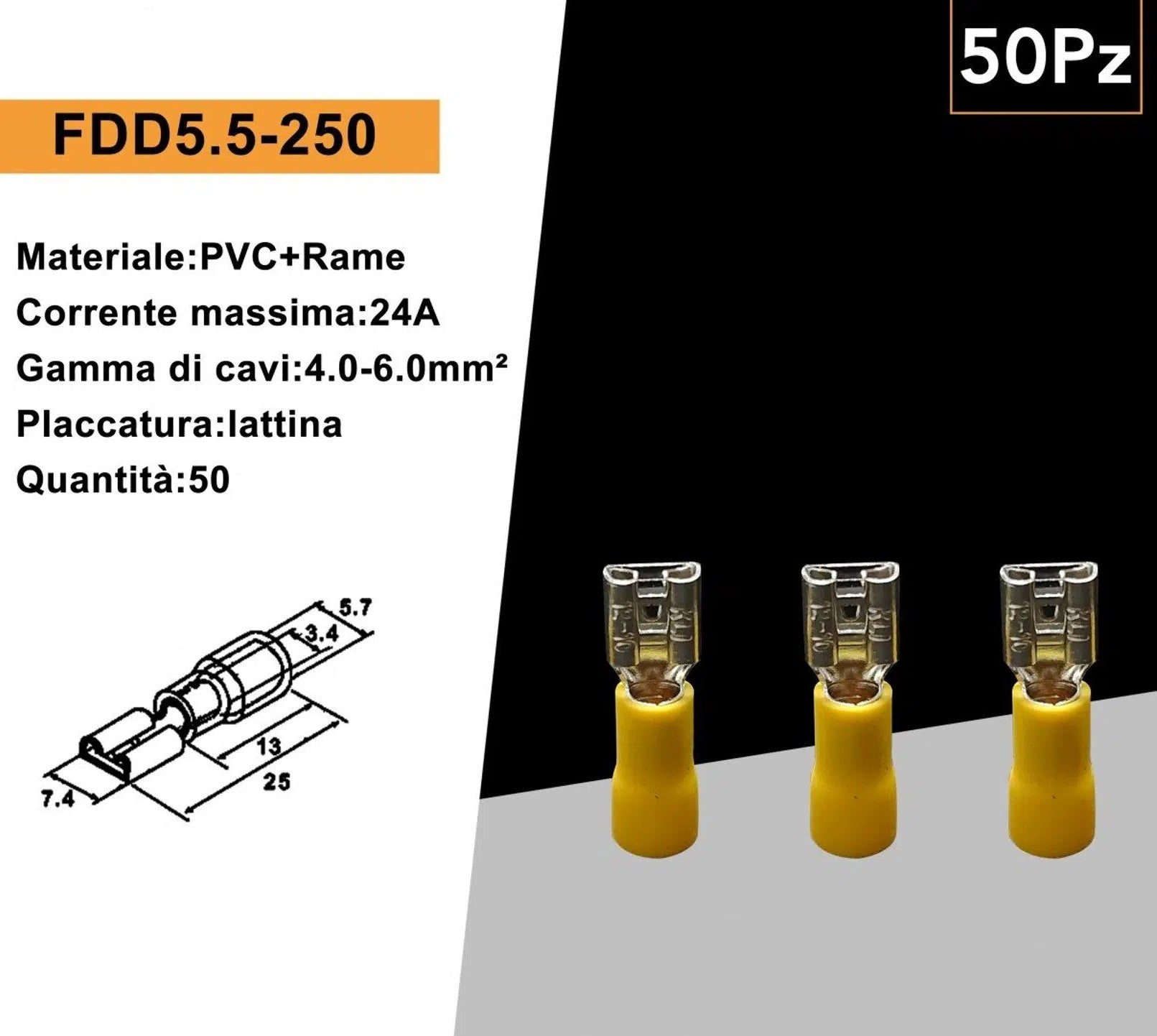 Confezione da 50 Pezzi – Terminale Capicorda Femmina FDD5.5-250 per Cavi da 4 mm² a 6 mm² – Giallo