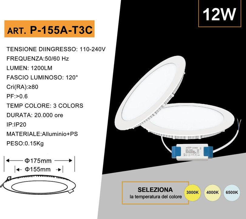 Pannello LED Rotondo SMD 12W 1200 Lumen | CCT Regolabile 3000K-4000K-6500K con Driver