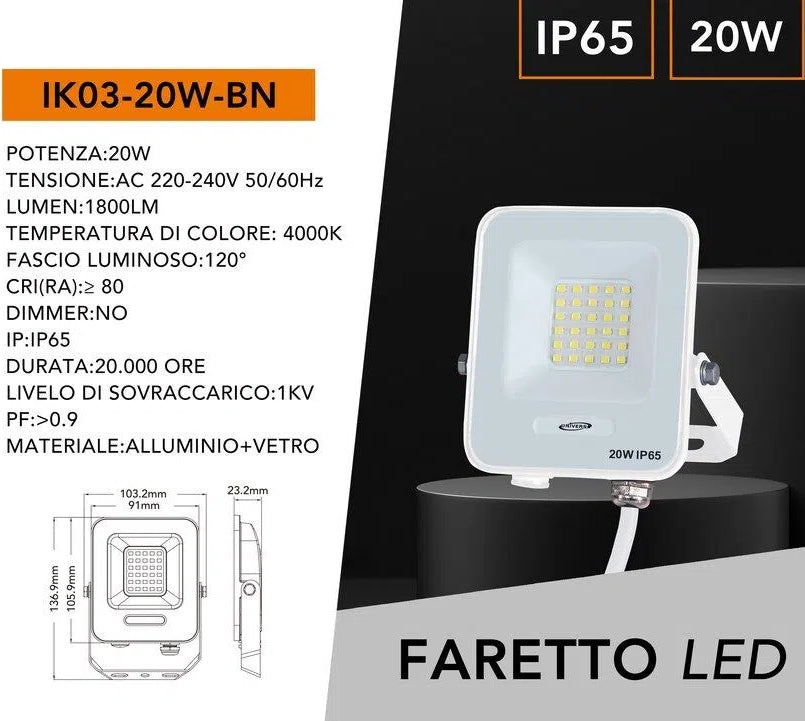 Proiettore SMD LED da Esterno UNIVERSO IK03-20W 20W | CCT Selezionabile 3000K-4000K-6500K IP65 1800lm