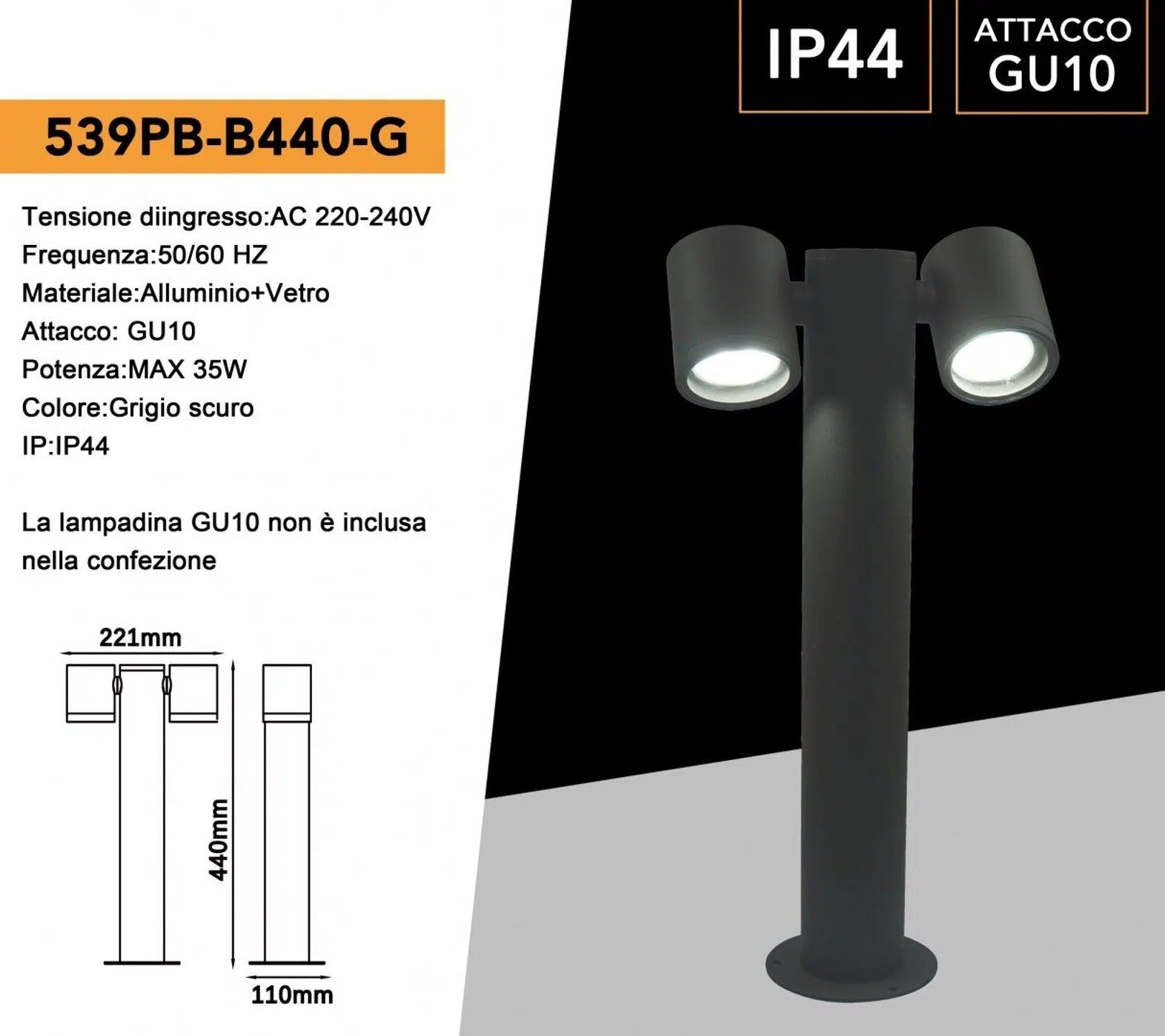 Lampione da giardino UNIVERSO 539PB-B440-G 45 cm con diffusori orientabili e 2 attacchi GU10 IP44 per esterno